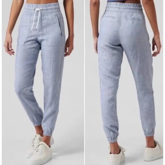 Athleta Pants - Athleta Cabo 100% Linen Jogger US 8 Blue Chambray Pant Coastal Cottage Natural